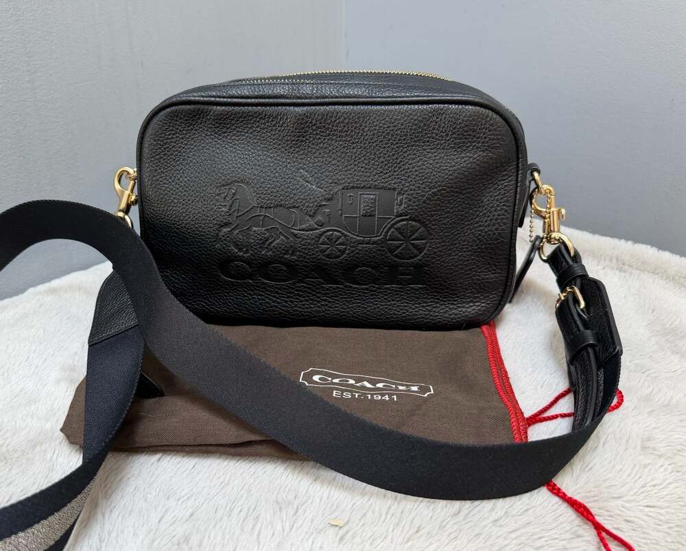 Coach Jes Double Zip Crossbody Bag Black Leather Embossed Horse Carriage F75818